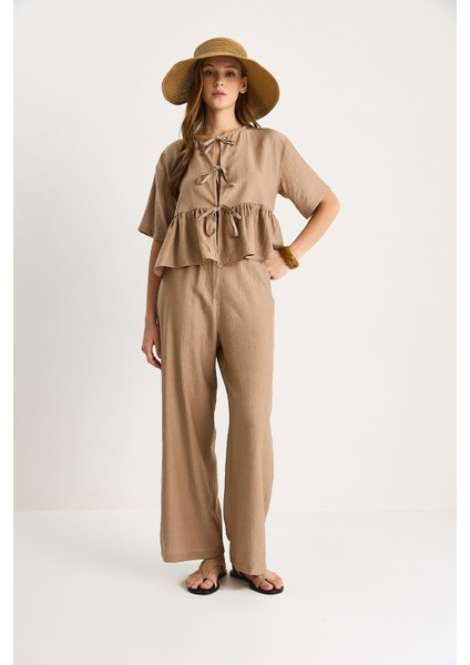 Kadın Bağlama Detaylı Kısa Kollu Bluz Pantolon Alt-Üst Takım fiyatları