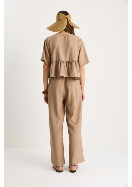 Kadın Bağlama Detaylı Kısa Kollu Bluz Pantolon Alt-Üst Takım