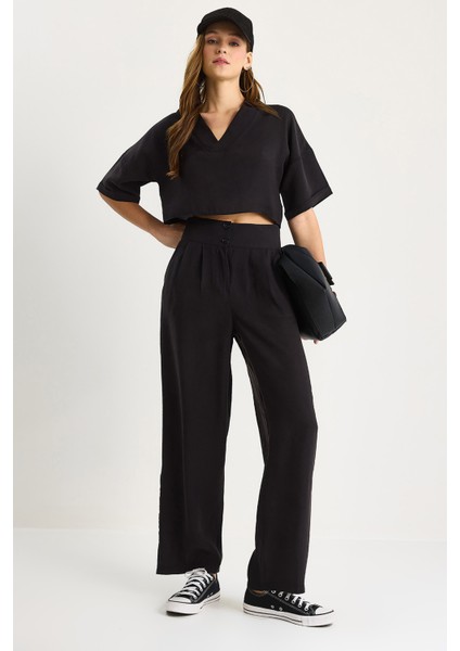 Kadın V Yaka Crop Çift Düğmeli Pantolon Modal Alt-Üst Takım -