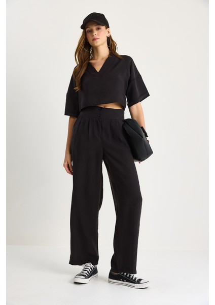 Kadın V Yaka Crop Çift Düğmeli Pantolon Modal Alt-Üst Takım - fiyatları