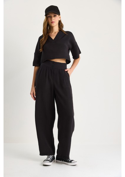 Kadın V Yaka Crop Çift Düğmeli Pantolon Modal Alt-Üst Takım - modelleri