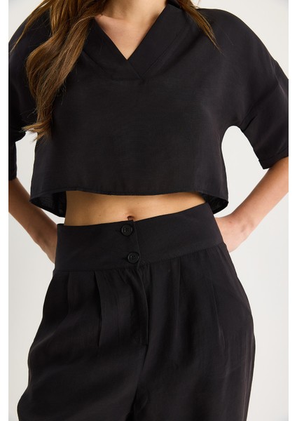 Kadın V Yaka Crop Çift Düğmeli Pantolon Modal Alt-Üst Takım - fırsatları