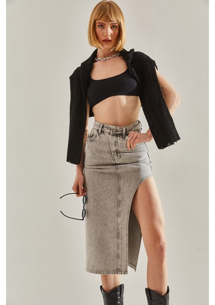 Kadın Yırtmaç Detaylı Kot Etek
