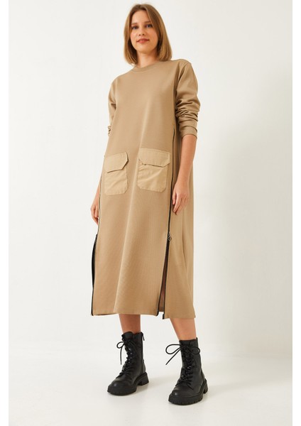 Kadın Yanları Fermuarlı Çift Cepli Uzun Elbise