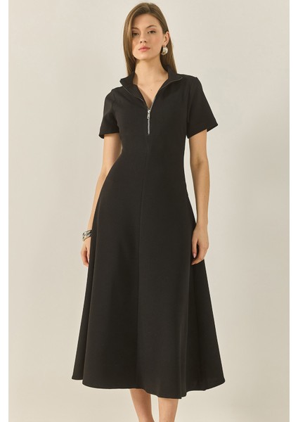Kadın Önü Fermuarlı Belden Oturtmalı Kısa Kollu Çan Elbise fiyatları