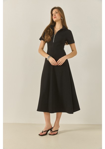 Kadın Önü Fermuarlı Belden Oturtmalı Kısa Kollu Çan Elbise modelleri