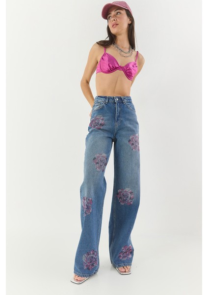 Kadın Gül Desenli Renkli Taş Baskılı Yüksek Bel Straight Denim Pantolon
