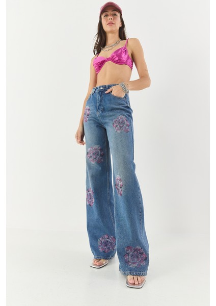 Kadın Gül Desenli Renkli Taş Baskılı Yüksek Bel Straight Denim Pantolon fiyatları