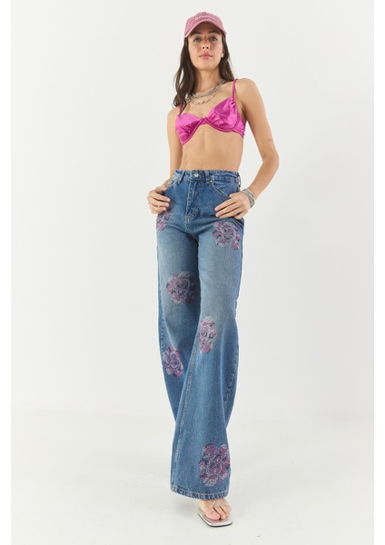 Kadın Gül Desenli Renkli Taş Baskılı Yüksek Bel Straight Denim Pantolon modelleri