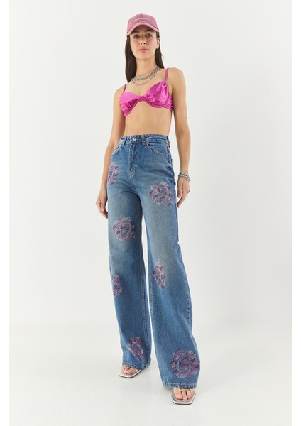 Kadın Gül Desenli Renkli Taş Baskılı Yüksek Bel Straight Denim Pantolon fırsatları