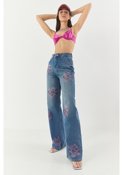 Kadın Gül Desenli Renkli Taş Baskılı Yüksek Bel Straight Denim Pantolon indirimleri