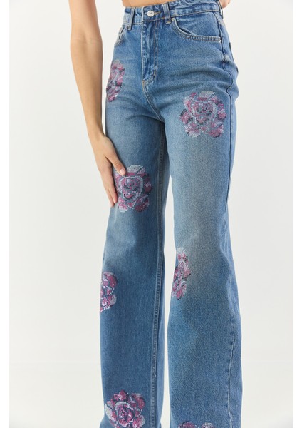 Kadın Gül Desenli Renkli Taş Baskılı Yüksek Bel Straight Denim Pantolon