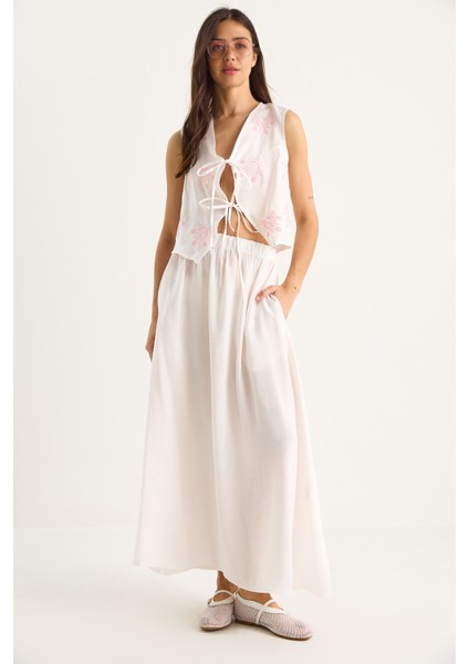 Kadın Önü Bağlamalı Nakış Işlemeli Yelek Cep Detaylı Uzun Modal Etek Takım