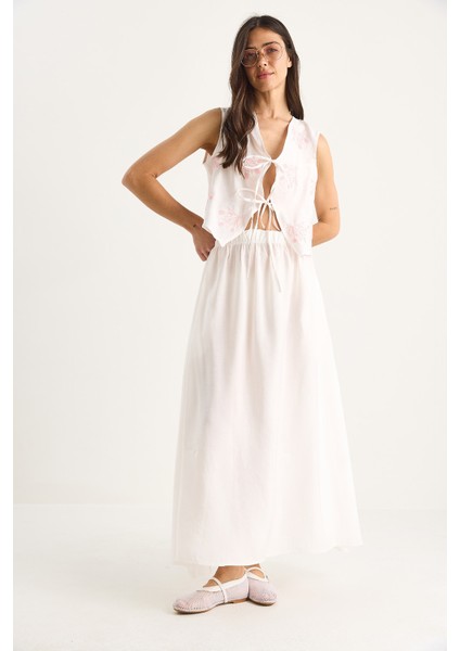 Kadın Önü Bağlamalı Nakış Işlemeli Yelek Cep Detaylı Uzun Modal Etek Takım fırsatları