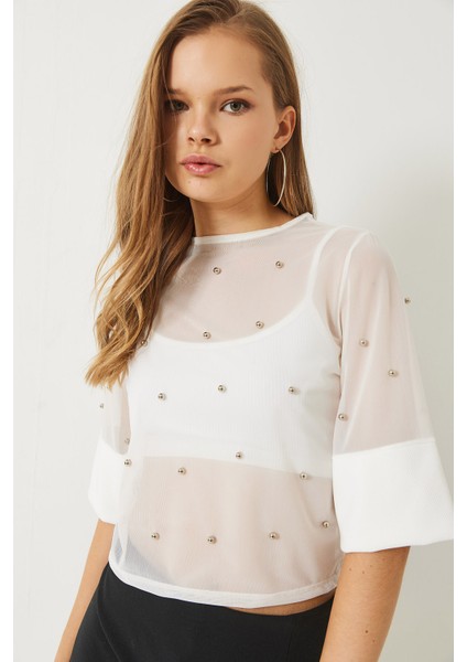 Kadın Taş Baskılı Kısa Kollu Bisiklet Yaka Transparan Bluz