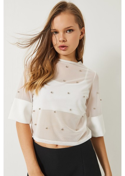 Kadın Taş Baskılı Kısa Kollu Bisiklet Yaka Transparan Bluz fiyatları