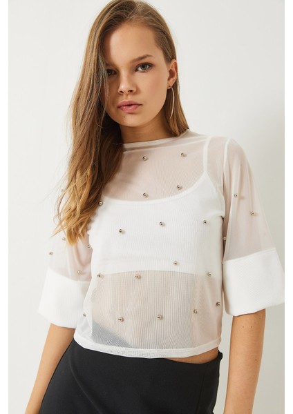 Kadın Taş Baskılı Kısa Kollu Bisiklet Yaka Transparan Bluz modelleri