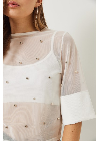 Kadın Taş Baskılı Kısa Kollu Bisiklet Yaka Transparan Bluz fırsatları