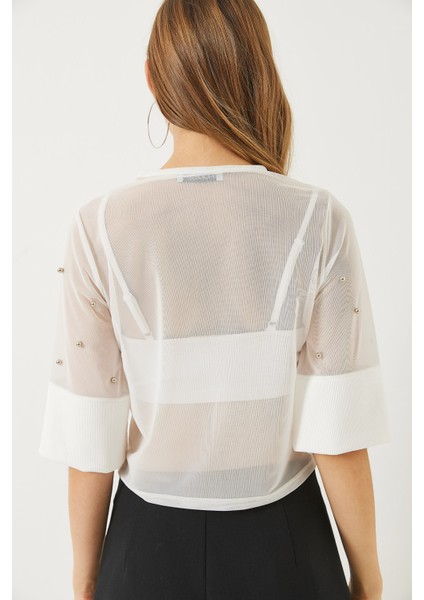 Kadın Taş Baskılı Kısa Kollu Bisiklet Yaka Transparan Bluz indirimleri