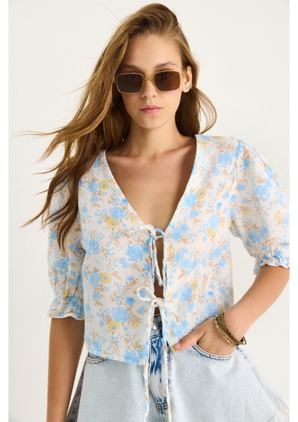 Kadın Çiçek Desenli Bağlama Detaylı Kolları Lastikli Müslin Bluz fırsatları
