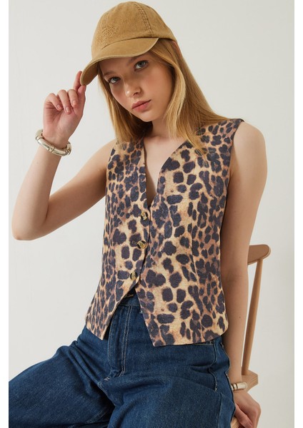 Kadın Leopar Desenli V Yaka Dokuma Yelek