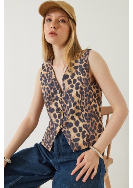 Kadın Leopar Desenli V Yaka Dokuma Yelek fiyatları