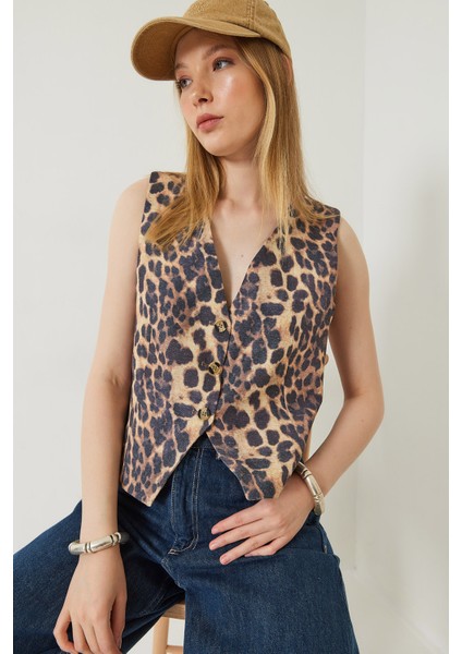 Kadın Leopar Desenli V Yaka Dokuma Yelek modelleri