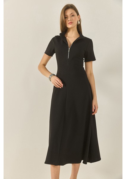 Kadın Önü Fermuarlı Belden Oturtmalı Kısa Kollu Çan Elbise indirimleri