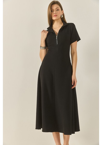 Kadın Önü Fermuarlı Belden Oturtmalı Kısa Kollu Çan Elbise