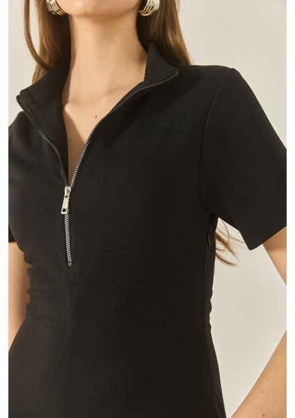 Kadın Önü Fermuarlı Belden Oturtmalı Kısa Kollu Çan Elbise