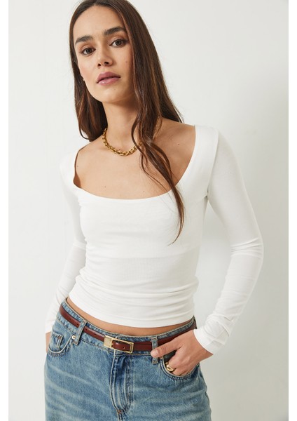 Kadın Kare Yaka Uzun Kol Saran Modal Bluz