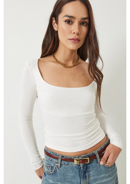 Kadın Kare Yaka Uzun Kol Saran Modal Bluz fiyatları