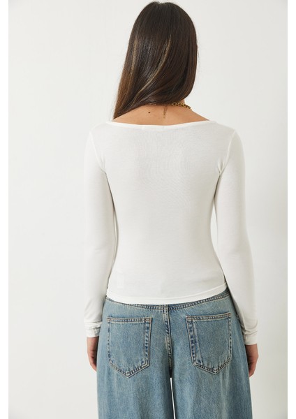 Kadın Kare Yaka Uzun Kol Saran Modal Bluz fırsatları