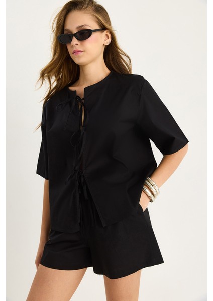 Kadın Masai Bağlamalı Gömlek Beli Lastikli Cep Detaylı Şort Poplin Takım fiyatları