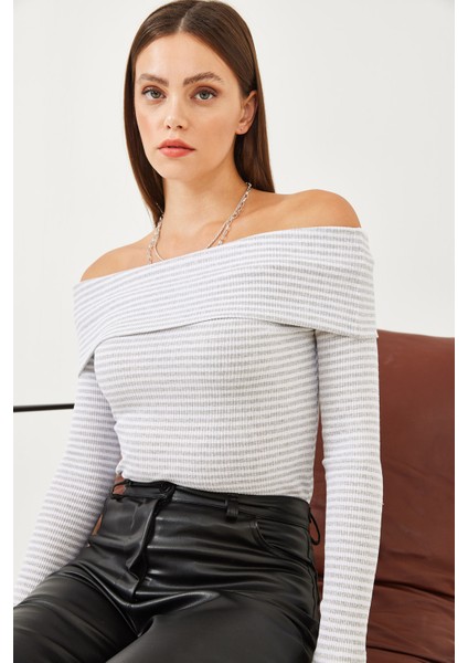 Kadın Madonna Yaka Çizgili Fitilli Uzun Kollu Bluz