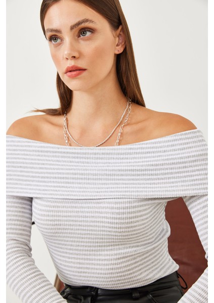 Kadın Madonna Yaka Çizgili Fitilli Uzun Kollu Bluz fiyatları