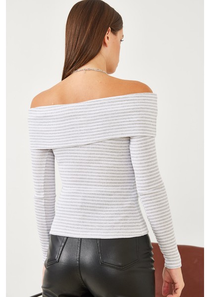 Kadın Madonna Yaka Çizgili Fitilli Uzun Kollu Bluz modelleri