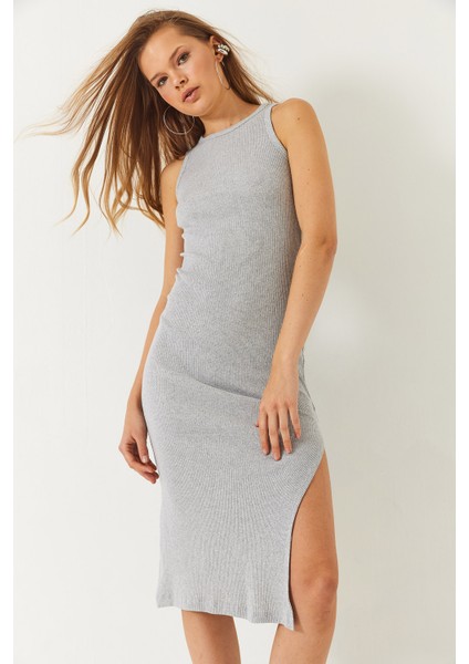 Kadın Yırtmaç Detaylı Bisiklet Yaka Kaşkorse Elbise fiyatları