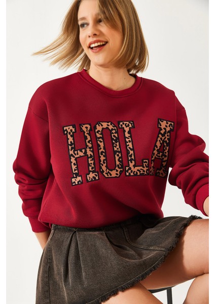 Kadın Leopar Nakışlı Üç Iplik Şardonlu Sweatshirt