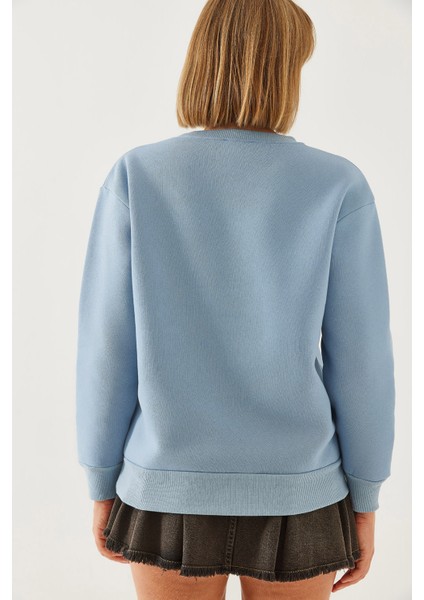 Kadın Üç Iplik Şardonlu Renkli Kalp Baskılı Sweatshirt Mbhs