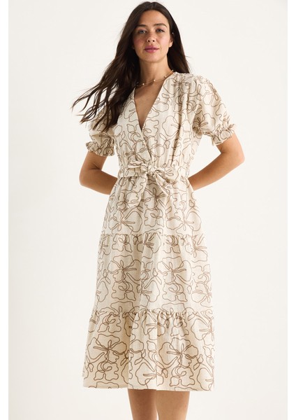 Kadın Kruvaze Yaka Beli Lastikli Kuşaklı Nakış Işlemeli Keten Elbise