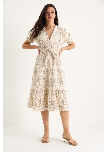 Kadın Kruvaze Yaka Beli Lastikli Kuşaklı Nakış Işlemeli Keten Elbise fiyatları