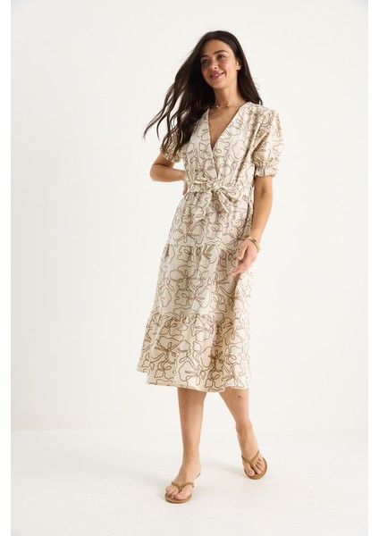 Kadın Kruvaze Yaka Beli Lastikli Kuşaklı Nakış Işlemeli Keten Elbise modelleri