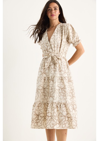 Kadın Kruvaze Yaka Beli Lastikli Kuşaklı Nakış Işlemeli Keten Elbise fırsatları