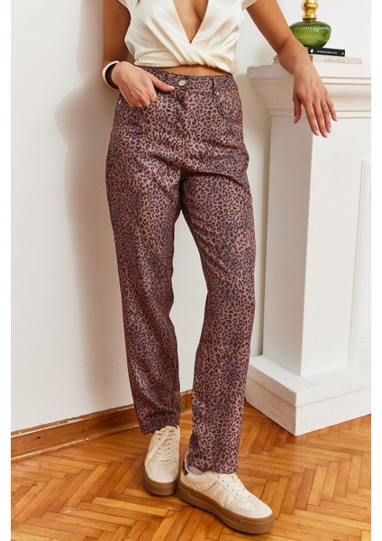 Kadın Leopar Desenli Denim Pantolon Mbms