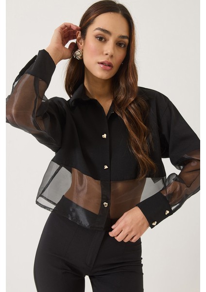 Kadın Kalp Düğmeli Tül Detaylı Yarı Transparan Gömlek