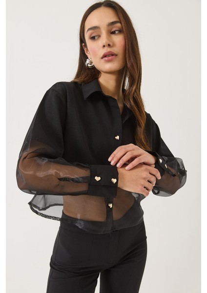 Kadın Kalp Düğmeli Tül Detaylı Yarı Transparan Gömlek fiyatları