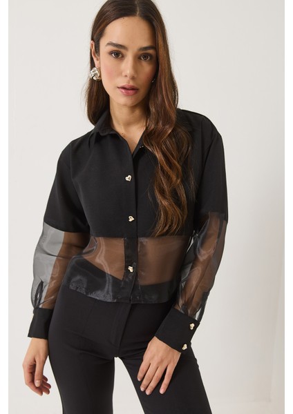 Kadın Kalp Düğmeli Tül Detaylı Yarı Transparan Gömlek modelleri