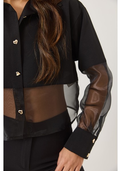 Kadın Kalp Düğmeli Tül Detaylı Yarı Transparan Gömlek fırsatları