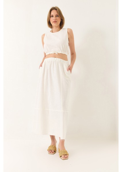 Kadın Keten Beli Bağlamalı Bluz Cep Detaylı Etek Alt-Üst Takım